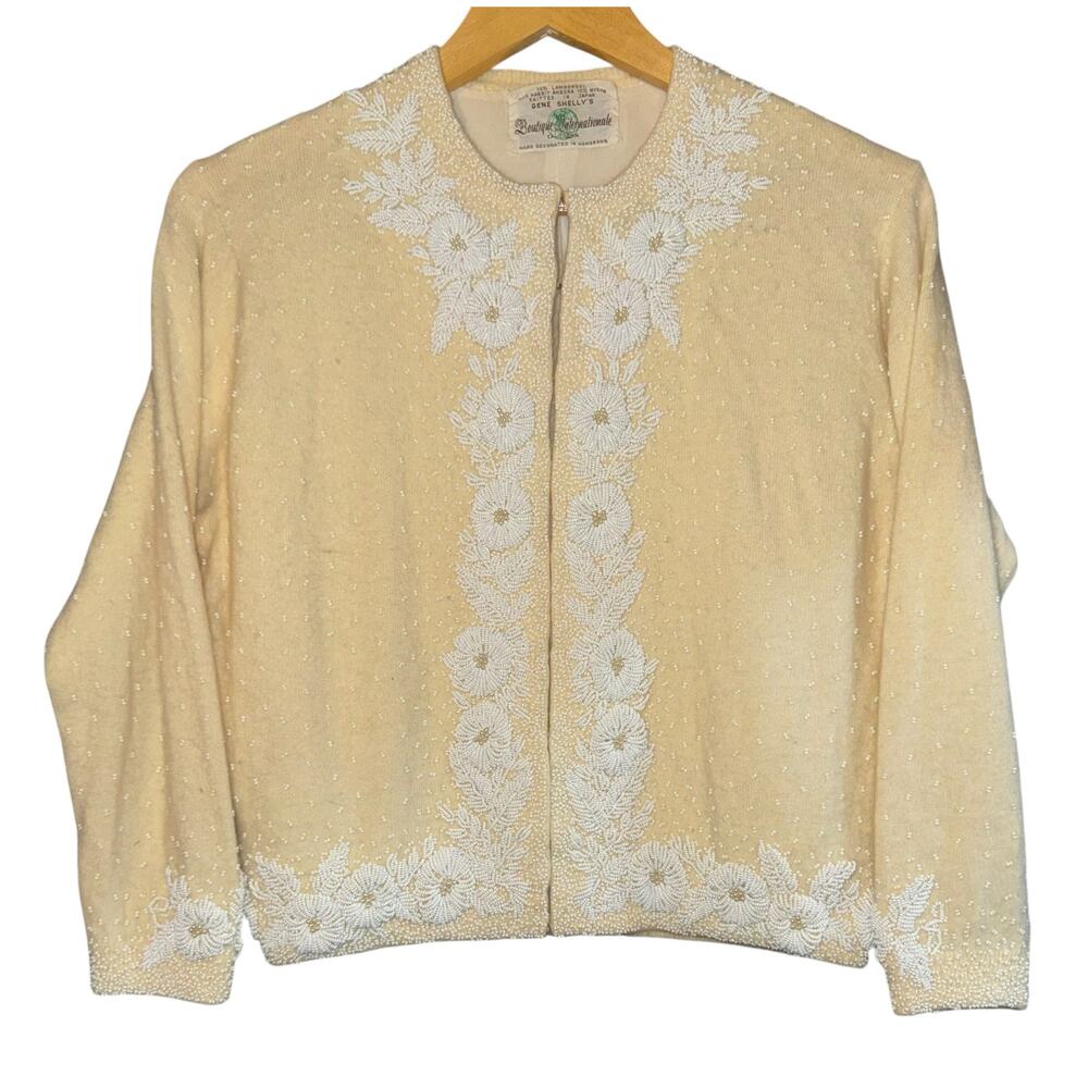 Vintage Gene Shelly Lambswool Angora Beaded Cardigan Sweater M Butter Yellow